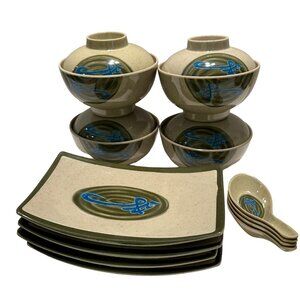 4- Tai-Hong “Wei” Melamine Ware Sushi Plate Miso Rice Bowl Lid Spoons